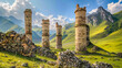 Old stone towers in Erzi national park in Ingushetia C