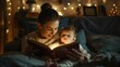 Mother reading bedtime story to her child, togetherness domestic life smiling learning bonding