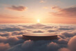 Wooden platform in the clouds at sunset. 3D rendering.