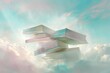 A levitating stack of oversized, open books hovers above a surreal landscape, emanating soft, ethereal light. Each book displays fantastical scenes that blend reality and fiction seamlessly.