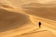 A lone traveler traversing a scorching desert landscape, mirage-like heatwaves distorting the horizon. The person weary expression and parched appearance emphasize the desperate need for hydration