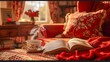 © weerasak - A cozy reading nook with a red armchair, a cup of tea on a saucer, and an open book.