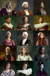 © master1305 - Middle ages history. Portrait of men and women, royal people in period attire against vintage green background. Comparison of eras, modernity and renaissance, baroque style concept. Creative collage