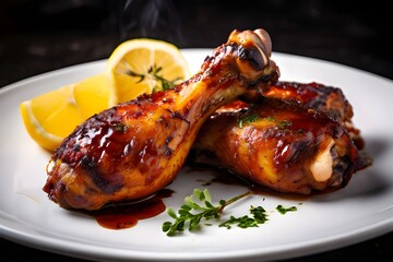 Wall Mural - juicy grilled roasted chicken legs served with barbecue sauce and lemon on a white plate