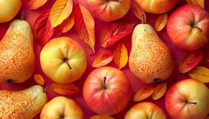 Wall Mural - Apples and pears with autumn leaves