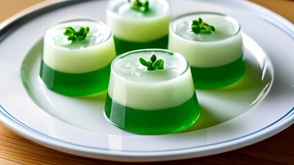 Canvas Print -  Delicate green gelatin desserts garnished with fresh mint leaves