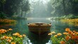 Isolated boat floating in the river surrounding by the flowers. 
