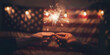 Two hands holding sequins with warm glowing lights on the background of the American flag.