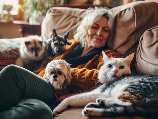 woman enjoys spending time at home with her pets