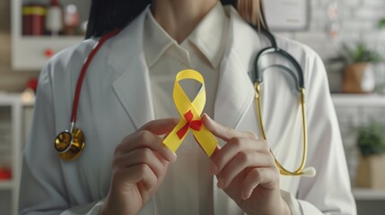 World hepatitis day. Doctor woman holding in her hands red yellow ribbon. Awareness of prevention and treatment viral hepatitis. Liver cancer. World cancer day