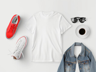 White women s cotton T-shirt mockup, layflat mockup with white t-shirt, red sneakers