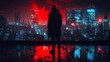 A solitary figure stands overlooking a futuristic cityscape bathed in red and blue neon lights reflecting on wet ground.