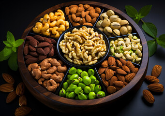 Wall Mural - Assorted nuts mix in wooden bowls: almonds, pistachios, walnuts, cashews, hazelnuts. Overhead view of crunchy snacks on dark stone table surface.