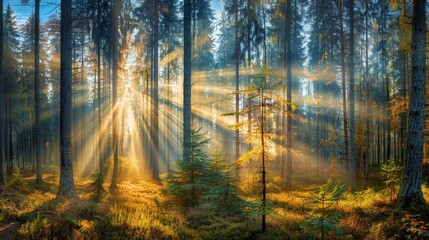 Wall Mural - Sunlight filtering through lush green forest foliage in a serene natural setting