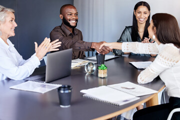 Aufkleber - Businesspeople, diversity and deal with b2b handshake, teamwork or planning with laptop. Management, brainstorm and digital report for conversation, collaboration success and communication in office