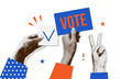 Trendy Banner for election. Halftone hands calling to USA election voting and holding paper signs . Collage for US Election 2024 campaign. Vote day, November 5. Vector nostalgic illustration.