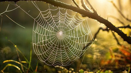 Macro shot of a spiders intricate web early in the morning dew