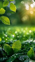 Wall Mural - A leafy green field with a few drops of water on the leaves. Concept of freshness and tranquility