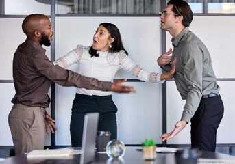 Poster - Business people, meeting and shout with stress, argument and negative feedback with mistake and problem with report. Group, frustrated and staff with review and crisis with anxiety, anger and burnout