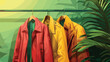 Stylish outwear hanging near green wall closeup vector