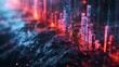 A digital landscape with red and blue glowing particles.