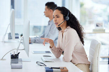 Aufkleber - Call center, computer and consultant woman in telemarketing office for online assistance, help or research. Contact us, desk and microphone with agent at work for customer support or problem solving