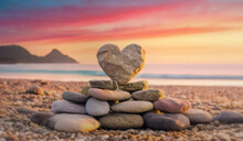 Cairn With A Heart Shaped Stone On The Top Piled Up On A Tropical Beach At Sunrise. Peaceful Morning Scene Seaside
