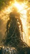 Earth Guardian, Roots of Life, Ancient being protecting a waterfall, Mist in the air, Spirit of the Earth, 3D render, Golden hour lighting, Lens flare effect, Silhouette shot