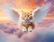 Little orange winged kitten flying above the clouds. Cute cat with angel wings surreal background