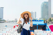 Young women cruise on the Chao Phraya River,tourist female on holiday vacation trips, Tourism beautiful destination place Asia