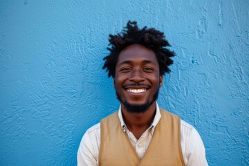 A smiling man with a textured blue wall background exudes a casual yet confident demeanor with urban appeal