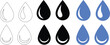 Water drop shape collection. Blue and black water drops set. Water or oil drop. Line and flat style. raindrop or sweat, wet droplets of dew shapes. Vector illustration