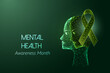 Mental health awareness month futuristic concept with human dual head and green awareness ribbon