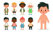 Cute kids characters different race and culture vector set. Collection of kindergarten, girls, boys, children happy smiling.