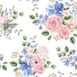 Pink roses, blue bell flowers, green leaves, white background. Floral illustration. Vector seamless pattern. Botanical design. Nature garden plants. Summer bouquets 