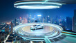 3D Modern white EV car on a sleek illuminated skyway stage
