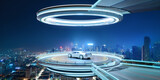 Fototapeta Miasto - 3D Modern white EV car on a sleek illuminated skyway stage