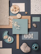 Creative flat lay composition with textile and paint samples, panels and cement tiles. Stylish interior designer moodboard. Blue and beige color palette. Copy space. Template.