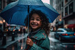 Cute Smiling Little Girl Under Umbrella In The Rain On A City Street