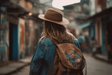 Fototapeta  - Cute Girl Backpacker In Hat Wearing Casual On A City Street