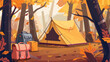 Tourists survival kit and camping tent in autumn fore