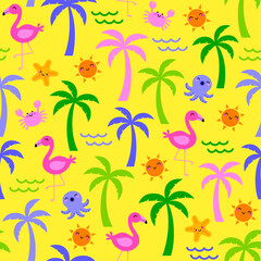 Wall Mural - Cute hand drawn palm tree, flamingo, marine life, sun and wave seamless pattern design for summer holidays background.