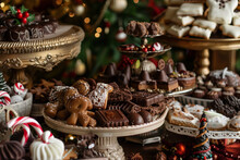 Festive Scene With An Assortment Of Holiday Confections, Including Chocolate Pralines, Candy Canes, And Gingerbread, Festive Decor