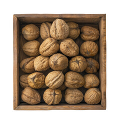 Wall Mural - At the center of a wooden box a pyramid of whole walnuts stands alone against a transparent background exuding a sense of mystery and elegance