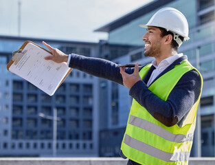 Poster - Engineer, man and clipboard and pointing in construction site with phone call, smile and confident. Male person, project leader and hardhat in Dubai for building, architecture and development