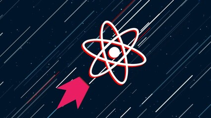 Wall Mural - Atomic symbol flies through the universe on a jet propulsion. The symbol in the center is shaking due to high speed. Seamless looped 4k animation on dark blue background with stars