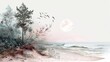Craft a spine-chilling scene of a polluted beach at twilight, merging eerie ambiance with a call to action for environmental conservation, using watercolor techniques to evoke both empathy and fear