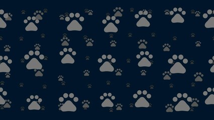 Poster - Pet symbols float horizontally from left to right. Parallax fly effect. Floating symbols are located randomly. Seamless looped 4k animation on dark blue background