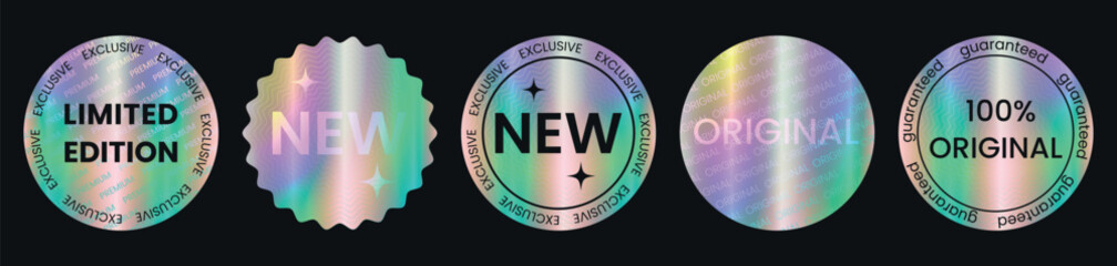 Set of color holographic sticker templates, label with holographic effect. Shiny rainbow emblems Limited Edition, New, Original, Premium. Vector illustration EPS10