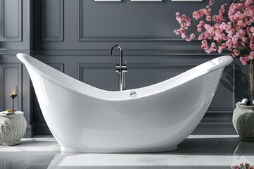 Wall Mural - Elegant bathroom ambiance with a luxurious white freestanding bathtub as a focal point